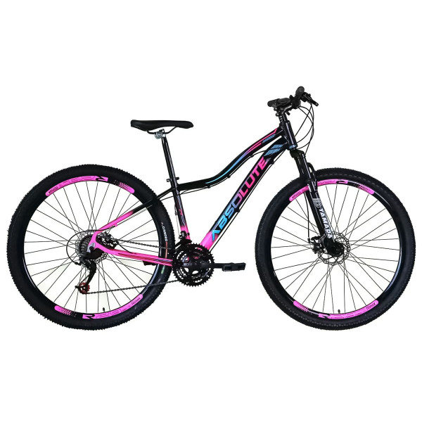 Bicicleta 29 Feminina Absolute 24V Freio Hidráulico Cambio Shimano k7 de cor predominante preta e detalhes em rosa e azul