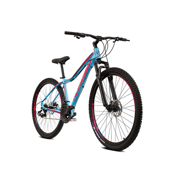 Bicicleta Aro 29 Alfameq Pandora Feminino Altus 24v na cor azul e escrita rosa