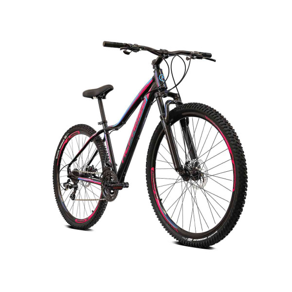 Bicicleta Aro 29 Alfameq Pandora Feminino 24v Hidráulico na cor preta e detalhes azul e rosa
