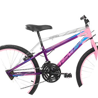Bicicleta infantil na cor roxa e rosa com ênfase ao desenho do quadro