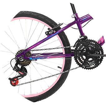 Bicicleta infantil roxa com destaque ao sistema de transmissão