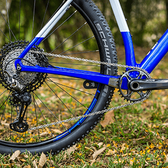 Parte traseira de bicicleta com aro azul e detalhes em branco em área de vegetação baixa e árvores ao fundo