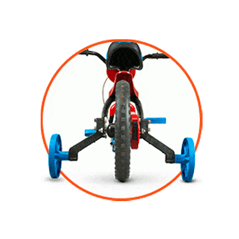 Imagem de uma traseira de bike infantil com rodinhas de apoio